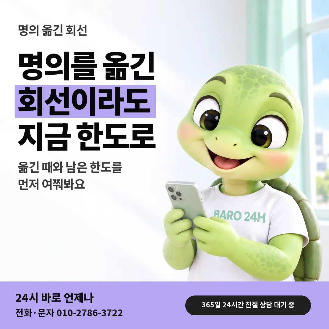 BARO 24H 티셔츠를 입은 3D 거북이 캐릭터 옆에 「명의 옮긴 회선도 지금 한도로」 제목을 얹은 안내 카드